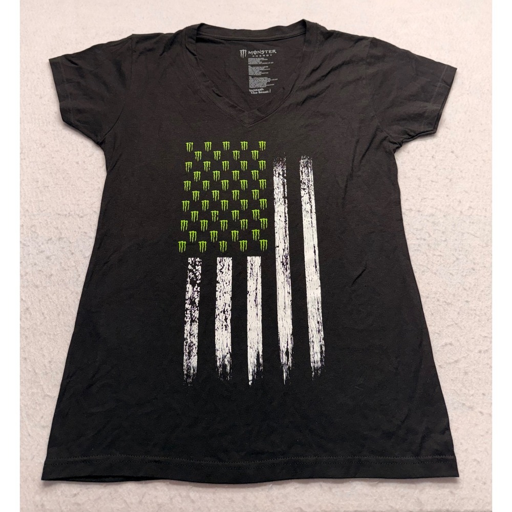 Monster Energy Womens XL Black V-Neck Graphic T-Shirt Distressed Flag Claw Logo